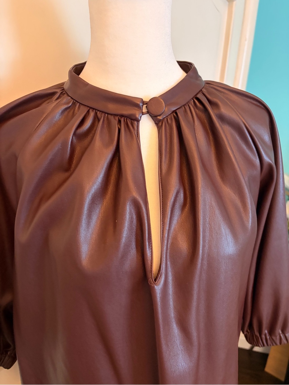 Burgundy Zara Faux Leather Keyhole Top with Button Neck
